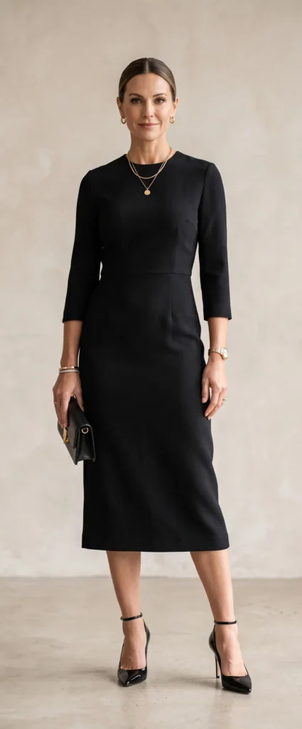 A woman posing against a neutral backdrop wearing an elegant, fitted black midi dress with three-quarter sleeves. Showcasing a timeless, sophisticated look for effortless elegance, she styles the classic little black dress with black ankle-strap pointed-toe pumps, layered gold pendant necklaces, gold hoop earrings, a sleek black clutch, and her hair in a polished low bun.