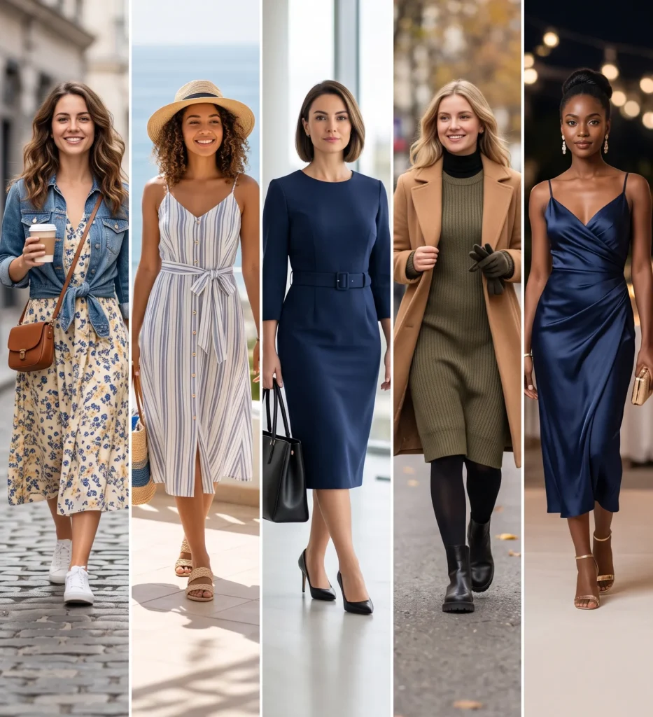 A five-panel collage illustrating "Midi Dress Outfit Ideas for Every Occasion." From left to right: a casual floral midi dress styled with a tied denim jacket and white sneakers; a breezy blue-and-white striped summer sundress with a straw hat and woven tote; a professional belted navy sheath midi dress with black pumps; an autumn olive-green ribbed sweater midi dress layered under a camel coat with black boots; and an elegant navy satin slip dress styled with strappy gold heels for evening glamour.