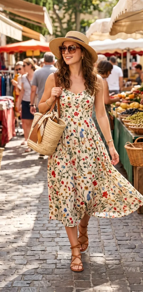 A woman smiling as she walks through a sunny outdoor market, showcasing "Effortless Warm-Weather Vibes." She wears a flowy cream-colored midi dress with a colorful wildflower print, accessorized with a wide-brimmed straw hat, oversized tortoiseshell sunglasses, brown strappy leather sandals, and a woven straw tote bag.