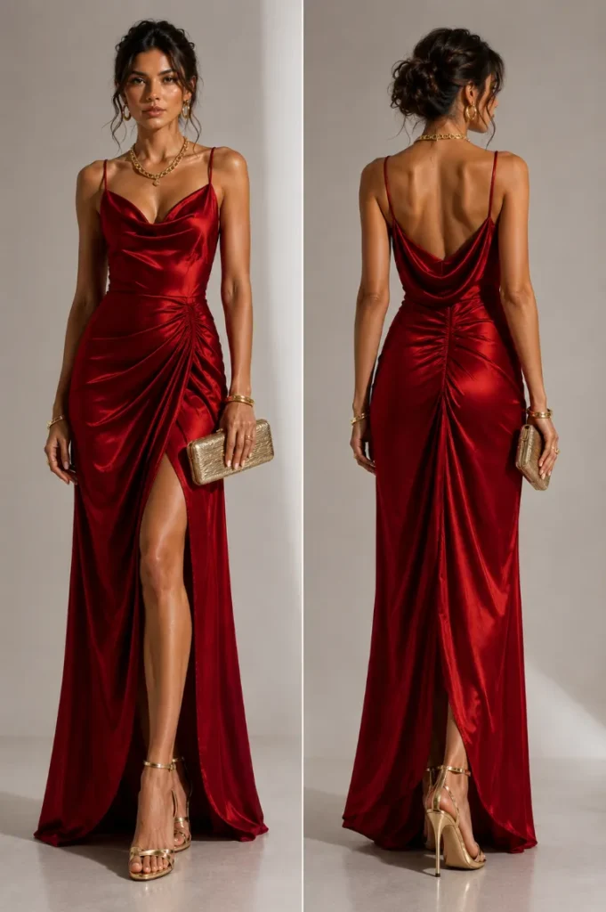 Alt Text: A front and back view of a woman wearing a luxurious, floor-length silk red dress with a draped neckline and thigh-high slit, perfectly styled with warm gold metallic accessories, including strappy high heels, a structured gold clutch, and matching gold jewelry.