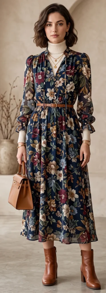 A woman posing indoors against a neutral background, demonstrating how to "Master the Art of Layering Turtlenecks" for a modest look. She wears a dark navy blue floral print chiffon midi dress layered over a fitted cream-colored ribbed turtleneck base layer. The outfit is cinched at the waist with a thin cognac brown leather belt and complemented by matching cognac brown leather ankle boots, a structured brown leather top-handle handbag, and layered gold pendant necklaces.
