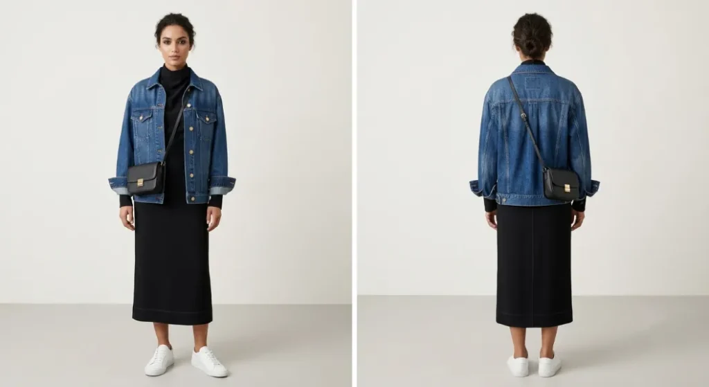 Front and back view demonstrating how to style a black dress casually with comfortable layers. The model wears a minimalistic black midi dress paired with an oversized denim jacket, classic white sneakers, and a small black crossbody purse. Her hair is pulled back into a simple, relaxed bun, perfectly capturing an effortless weekend errand or coffee date aesthetic.
