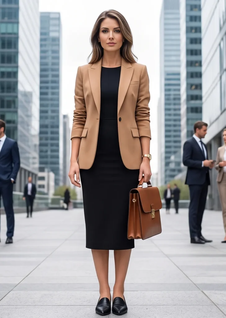 A professional woman standing outside modern office buildings demonstrating a "Perfect Office-Ready Ensemble" with a fitted black midi dress. She layers the look with a sharply tailored camel-colored blazer, black pointed-toe leather loafers, a structured brown leather briefcase, and a classic gold watch.