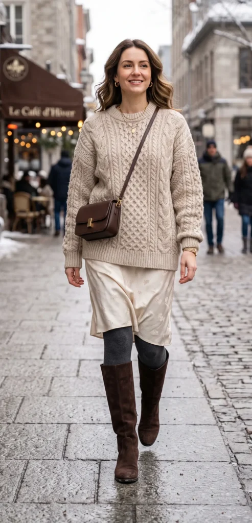 A woman smiling as she walks down a snowy cobblestone city street, demonstrating a "Cozy and Chic for the Cold Months" outfit. She layers a chunky, oversized beige cable-knit sweater over a cream silk midi dress, styled with dark grey tights, knee-high dark brown suede boots, a brown leather crossbody bag, and delicate gold hoop earrings.