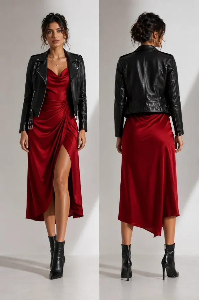 Front and back views of a model wearing a deep crimson silk slip dress with a cowl neckline and high thigh slit, paired with a black leather biker jacket and black stiletto ankle boots, illustrating the "Edgy Elegance" concept.