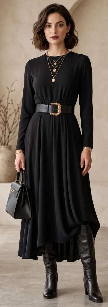 A woman posing indoors against a soft neutral background, demonstrating how to "Elevate the Classic Dark Silhouette." She wears an elegant long-sleeve black modest maxi dress with a high crew neckline and a flowing skirt, cinched at the waist with a wide black leather belt featuring an ornate gold buckle. The chic, full-coverage outfit is styled with black leather knee-high heeled boots, layered gold pendant necklaces, gold hoop earrings, and a structured black leather top-handle handbag.