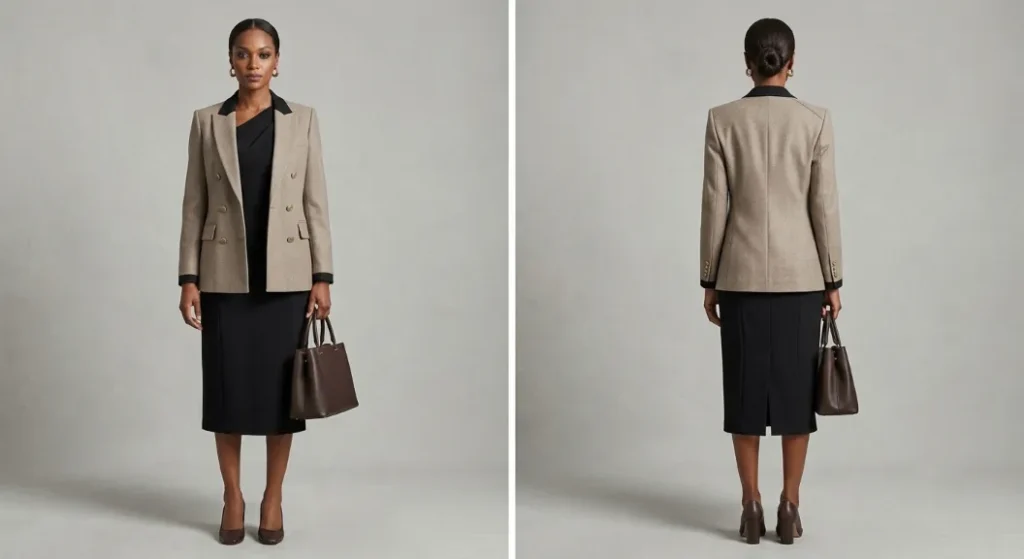 Front and back view demonstrating how to style a classic black dress for workwear with smart layering. The model wears a sophisticated black midi dress paired with a structured neutral blazer, classic closed-toe pumps, and a sleek leather tote bag. Her hair is pulled back neatly, perfectly capturing a polished and professional office appearance.