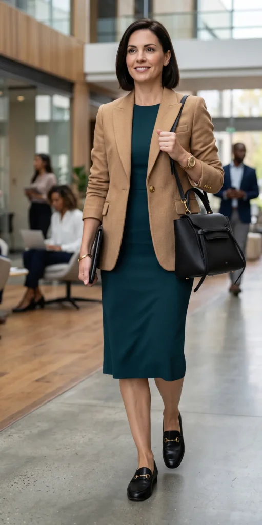 A professional woman smiling while walking through a modern office setting, showcasing "Office-Ready Polish in a Pinch." She pairs a fitted dark teal midi dress with a tailored camel-colored blazer, styled with black leather loafers featuring gold hardware, a structured black leather handbag, a gold watch, and a slim black tablet portfolio.