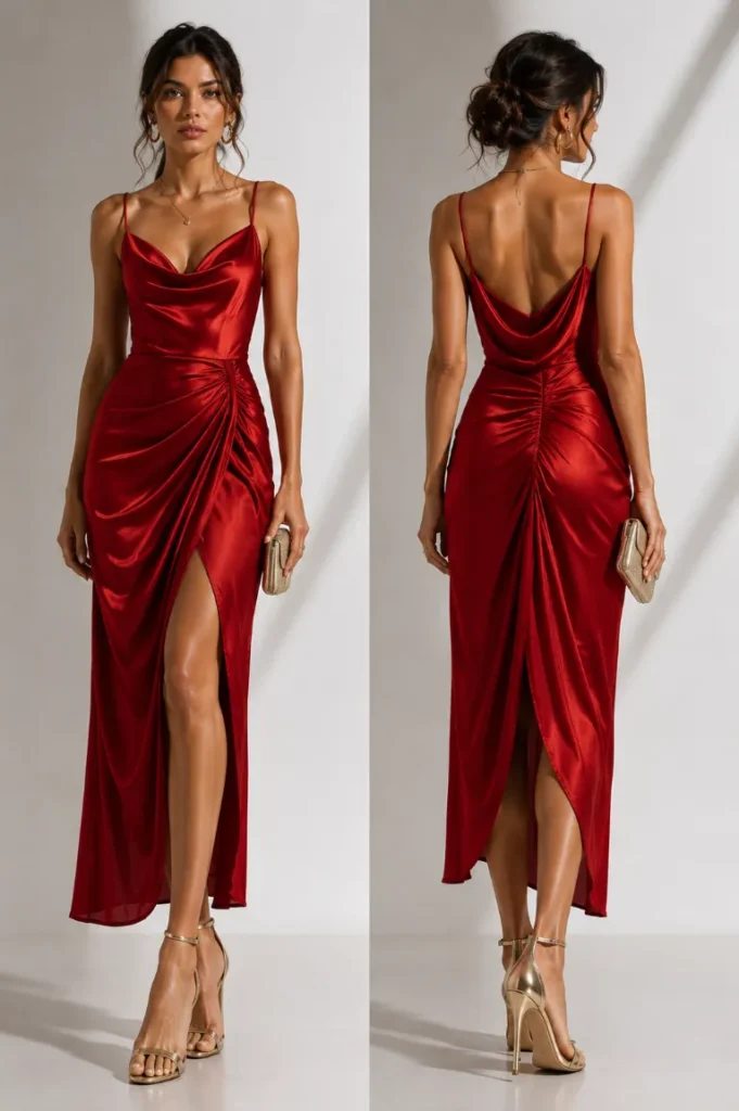 Front and back view of a woman wearing a luxurious red satin slip dress with a thigh-high slit, elegantly styled with a structured metallic gold evening clutch and delicate gold strappy stiletto heels, showcasing the perfect statement footwear and handbag for a party-ready look.