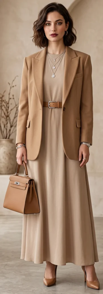 A woman posing indoors against a soft neutral background, showcasing a sophisticated, modest, monochromatic layered outfit. She wears a flowing beige dress cinched at the waist with a brown leather belt, elegantly paired with a tailored camel-colored blazer. The polished, full-coverage look is seamlessly accessorized with classic brown leather pointed-toe pumps, a structured brown leather top-handle handbag, silver hoop earrings, and delicate layered silver pendant necklaces.