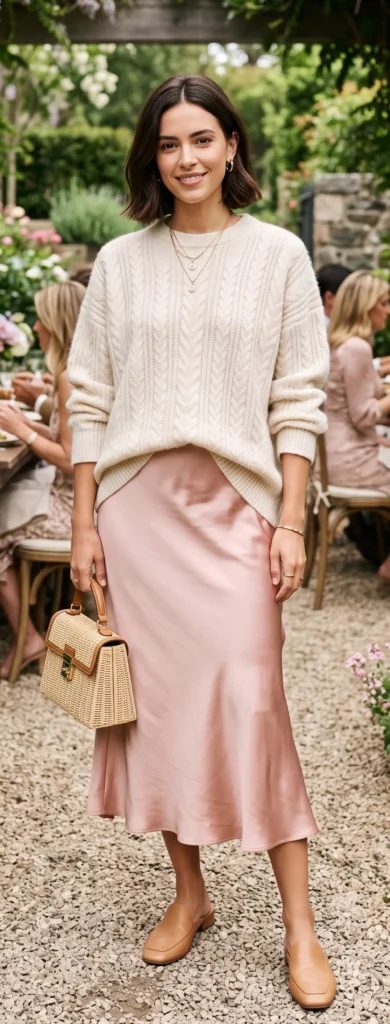 A woman smiling at an outdoor garden event demonstrating a creative daytime layering technique. She wears a blush pink satin midi slip dress styled beneath a cozy, chunky cream cable-knit sweater. The look is accessorized with tan leather mule loafers, a structured woven wicker top-handle bag with leather trim, and delicate layered gold necklaces.