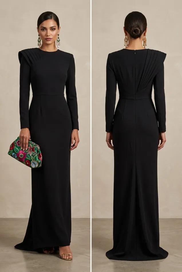 Front and back view demonstrating how to style a classic black dress for a wedding using colorful accessories. The model wears a long-sleeve black maxi dress with a structured, pleated shoulder detail. The dark silhouette is instantly elevated with a bright, contrasting floral clutch, bold statement earrings, and metallic heels. A sleek elegant updo and soft makeup complete this sophisticated, celebration-ready outfit.