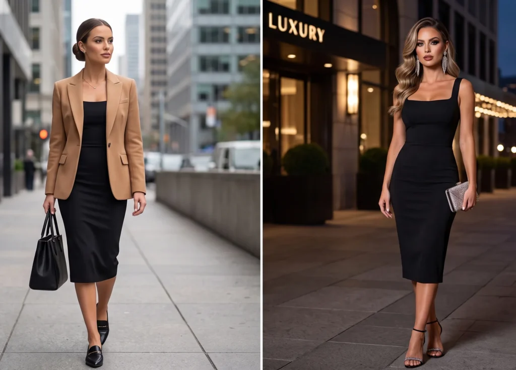 Side-by-side visual comparison demonstrating how to transition a black dress from day to night. On the left, a woman showcases a professional daytime outfit wearing a black square-neck midi dress layered with a tailored camel blazer, black leather loafers, a structured black tote bag, and a sleek low bun. On the right, the same black dress is styled for a night out with loose glamorous waves, dangling crystal drop earrings, a sparkling silver clutch, and strappy embellished heels.