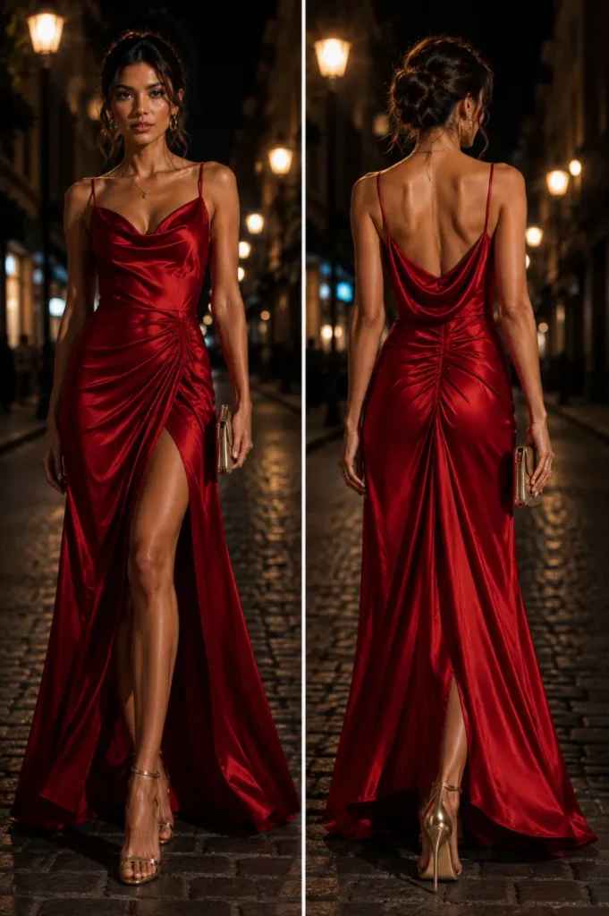 Front and back views of an elegant woman making a glamorous nighttime arrival on a warmly lit cobblestone street. She is wearing a luxurious, floor-length crimson satin slip dress with a dramatic thigh-high slit and draped open back, carrying a metallic gold clutch and wearing gold strappy stiletto heels.