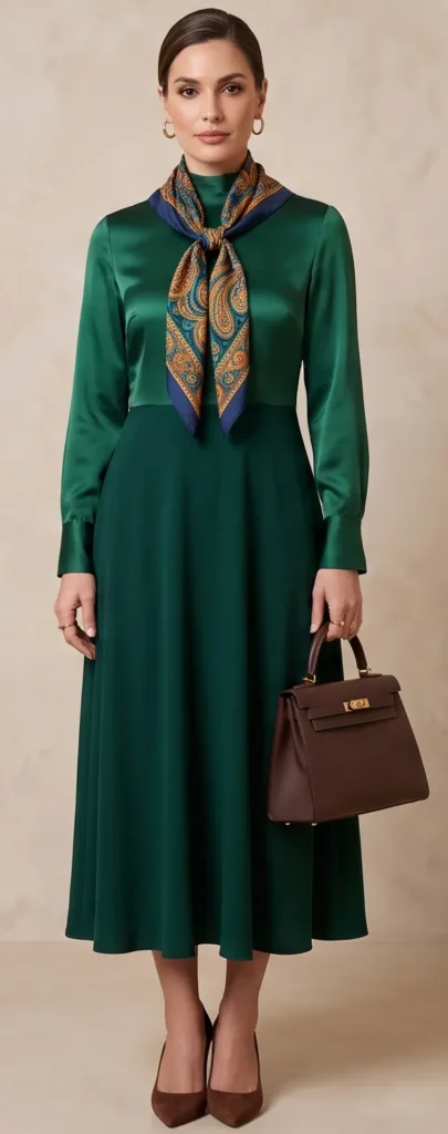 A woman posing indoors against a soft neutral background, showcasing a highly sophisticated, modest, and full-coverage outfit. She wears a long-sleeve, high-neck emerald green dress featuring a lustrous satin bodice and a flowing matte skirt. The elegant look is accessorized with a boldly patterned paisley silk scarf tied neatly at her collar, gold hoop earrings, a structured dark brown leather top-handle handbag, and classic dark brown suede pointed-toe pumps.
