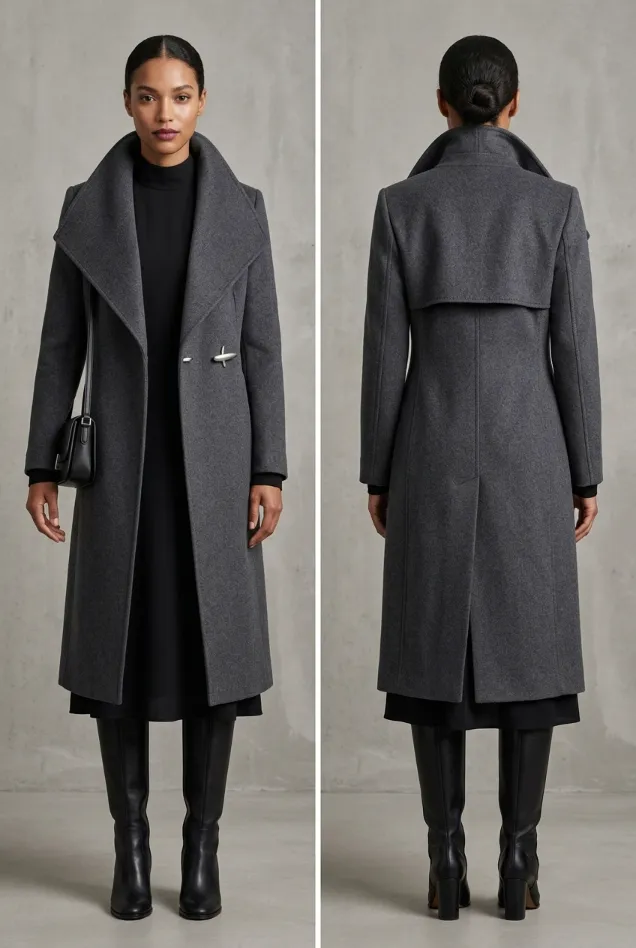 Cold weather black dress outfit with knee-high boots and a long wool coat. A model showcases a versatile winter look featuring a minimalistic black dress layered under a beautifully textured grey tailored coat. Perfectly styled for warmth and elegance with black leather boots and a simple crossbody bag, proving how thoughtful layers create a luxurious style for the colder months.