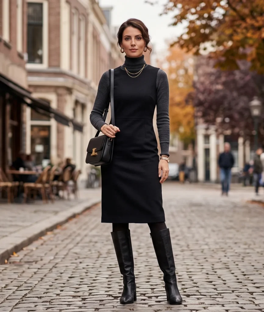 A woman standing on a cobblestone street in autumn demonstrating "Seasonal Layering Secrets" for a black dress. She layers a sleeveless black dress over a fitted charcoal grey long-sleeve turtleneck sweater, styled with black knee-high leather boots, dark tights, a structured black leather shoulder bag with gold hardware, and gold hoop earrings.