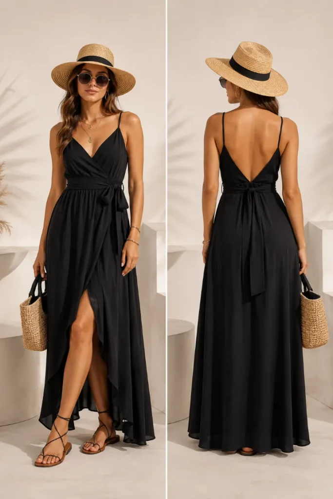 Front and back view demonstrating how to style a versatile black dress for a vacation to make packing light easier. The model wears a lightweight, flowing black wrap dress paired with daytime resort wear essentials, including a straw hat, a natural straw tote bag, sunglasses, and comfortable flat strappy sandals. The relaxed summer outfit proves how a single casual black dress offers endless possibilities for daytime exploring.