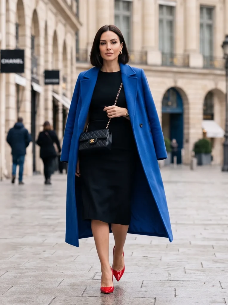 A woman walking down a European city street illustrating "Embracing Bold Pops of Color" with a simple black midi dress. She drapes a vibrant cobalt blue tailored long coat over her shoulders and styles the look with glossy bright red pointed-toe pumps, a black quilted leather handbag with a gold chain strap, and gold hoop earrings.