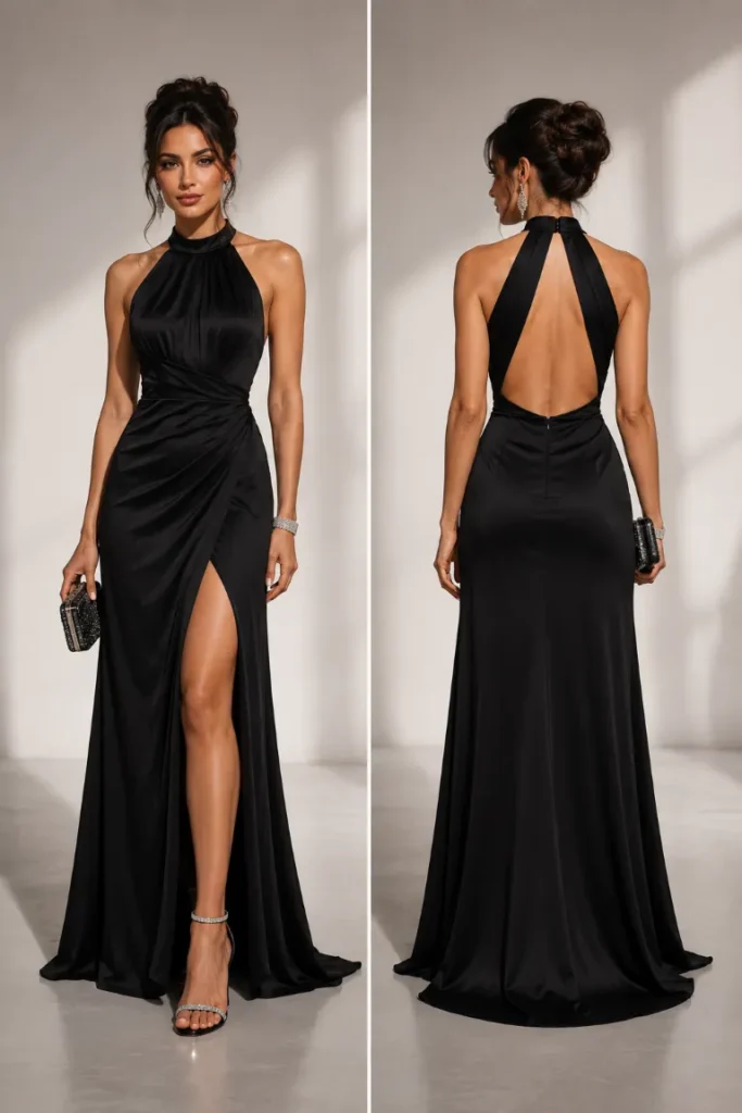 Glamorous black dress outfit for a formal event. A split image showing the front and back view of a woman modeling an elegant Velvet Verve black satin evening gown. The luxurious, floor-length design features a high halter neckline, a ruched wrap-style bodice, a dramatic front leg slit, and a stunning open back with wide strap details. The formal look is perfectly styled for a gala or cocktail party with sparkling drop earrings, a crystal bracelet, an embellished black clutch, and sparkling rhinestone high heels. Her hair is styled in a chic, elegant updo.