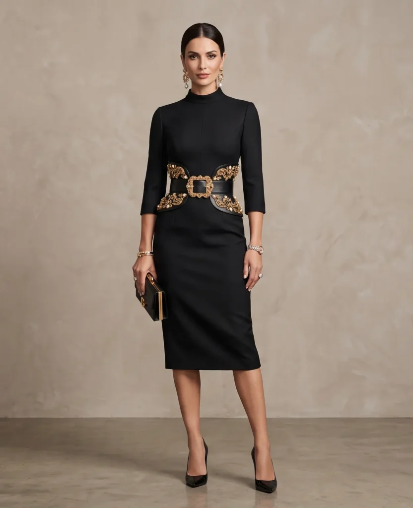A woman posing against a neutral studio backdrop demonstrating "The Magic of Statement Belts" with a fitted high-neck black midi dress with three-quarter sleeves. She cinches her waist with an ornate wide black statement belt featuring intricate gold baroque embellishments and a large gold buckle, accessorized with black patent pumps, ornate gold and pearl statement drop earrings, and a sleek black clutch with gold trim.
