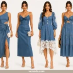 A fashion collage showcasing six different ways to style a blue denim dress for summer events. The versatile looks range from elegant to casual, featuring a sleeveless blazer mini dress, an asymmetrical one-shoulder midi with a slit, a sleek cowl-neck slip dress, a romantic dress with white lace trim, a tiered sundress with a front cutout, and a relaxed, button-down maxi dress styled with comfortable white canvas sneakers.