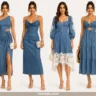 A fashion collage showcasing six different ways to style a blue denim dress for summer events. The versatile looks range from elegant to casual, featuring a sleeveless blazer mini dress, an asymmetrical one-shoulder midi with a slit, a sleek cowl-neck slip dress, a romantic dress with white lace trim, a tiered sundress with a front cutout, and a relaxed, button-down maxi dress styled with comfortable white canvas sneakers.