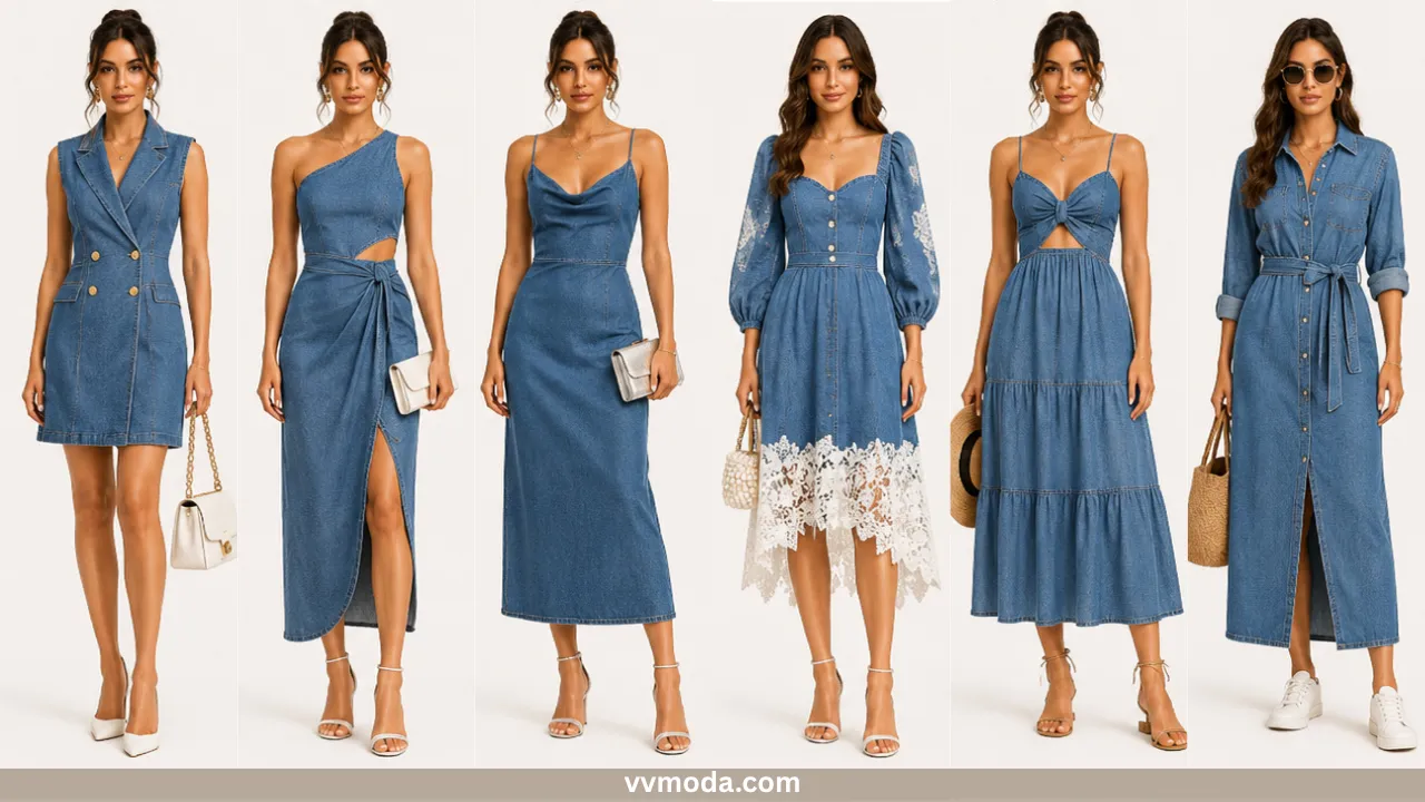 A fashion collage showcasing six different ways to style a blue denim dress for summer events. The versatile looks range from elegant to casual, featuring a sleeveless blazer mini dress, an asymmetrical one-shoulder midi with a slit, a sleek cowl-neck slip dress, a romantic dress with white lace trim, a tiered sundress with a front cutout, and a relaxed, button-down maxi dress styled with comfortable white canvas sneakers.