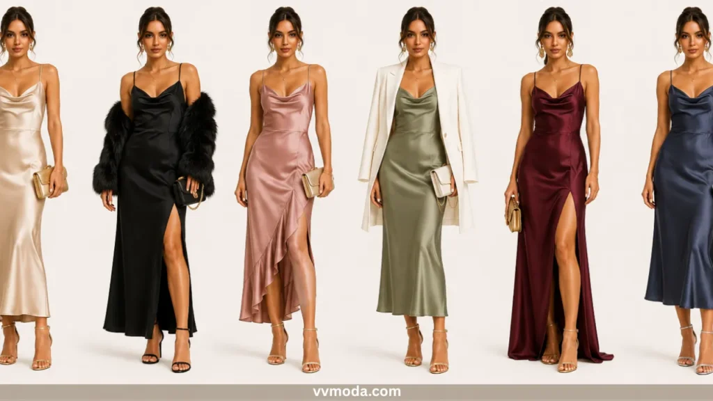 A six-model collage showcasing diverse ways to style a satin slip dress for special events against a clean, neutral background. Demonstrating versatile occasion wear looks, the styles feature varying rich colors—champagne gold, black layered with a luxurious black faux-fur wrap, dusty rose pink with a ruffled asymmetrical hem, sage green paired with a white blazer draped over the shoulders, a deep burgundy maxi dress with a high thigh slit, and slate blue—each accessorized with metallic evening clutches and delicate strappy heels.