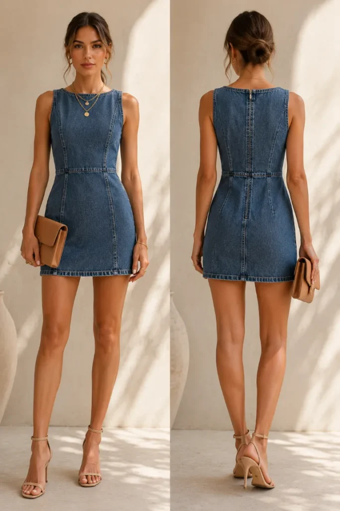 Front and back views of a woman wearing a structured, sleeveless short blue denim dress styled for a minimalist chic aesthetic. She completes the clean, effortless look with barely-there nude strappy heel sandals, delicate layered gold necklaces, a sleek camel leather clutch, and her hair styled in an elegant low bun.