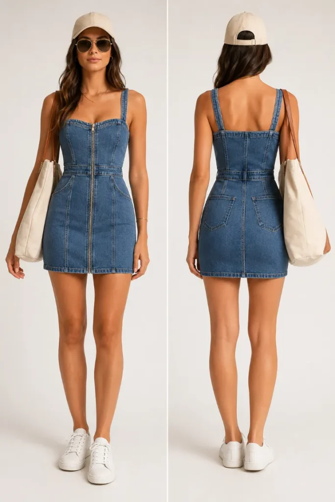 Front and back views of a woman modeling a casual, fitted short denim dress with a zip-up front and wide straps. She is styling the dress for a relaxed, everyday look, accessorized with crisp white sneakers, a beige baseball cap, classic aviator sunglasses, and an oversized canvas tote bag slung over her shoulder.