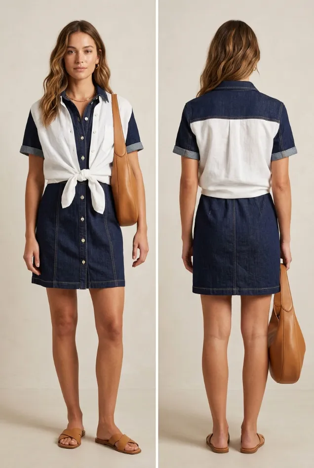 Front and back views of a woman wearing a short, dark-wash denim button-down dress layered with a lightweight white short-sleeve shirt tied at her natural waist. The casual, breezy summer evening look is completed with tan slide sandals and a slouchy brown hobo bag over her shoulder.