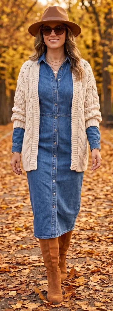A smiling woman walking down a path covered in golden autumn leaves, demonstrating how to "Master the Crisp Weather Transition." She wears a long-sleeve, medium-wash button-down denim midi dress layered under a chunky cream-colored cable-knit cardigan. The cozy fall look is accessorized with knee-high tan suede boots, a warm brown wool fedora hat, oversized dark sunglasses, and delicate layered gold necklaces.