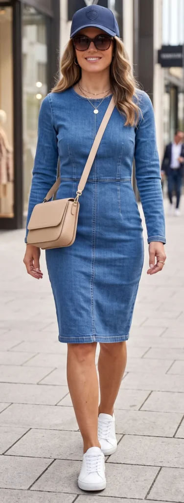 A smiling woman walking down a city sidewalk, showcasing an "Everyday Comfort" look for running errands. She wears a fitted, long-sleeve, medium-wash denim knee-length dress with structural seam details. The effortlessly sporty-chic outfit is accessorized with a navy blue baseball cap, oversized tortoiseshell sunglasses, delicate layered gold necklaces, a beige leather crossbody bag, and crisp white low-top sneakers.
