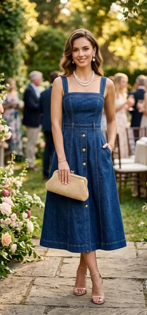 A woman smiling at an outdoor garden party wearing a structured blue denim button-down midi dress. She perfectly illustrates the "Elegant Garden Party Glam" look, accessorized with a double-strand pearl necklace, pearl drop earrings, a natural woven clutch bag, and delicate nude strappy heel sandals.