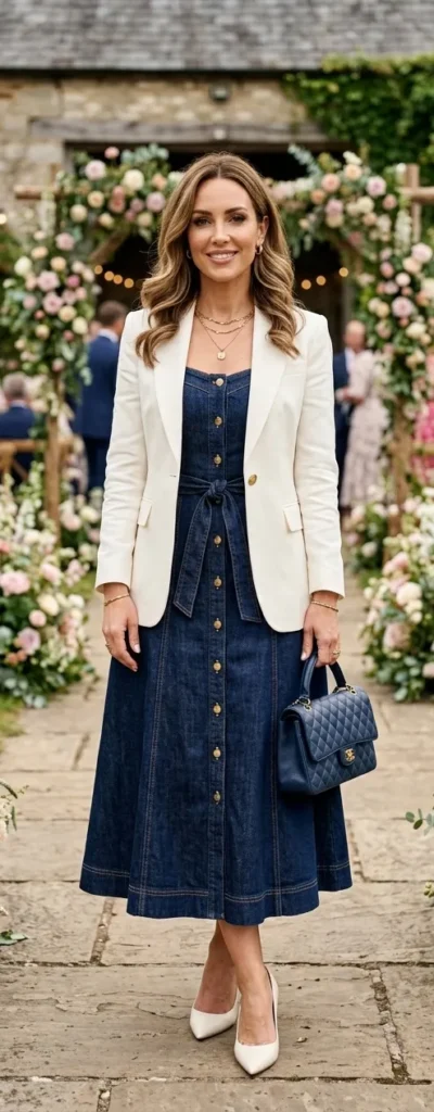 A woman smiling at an outdoor garden wedding venue wearing a dark-wash blue denim button-down midi dress with a tied waist belt. She demonstrates an elegant "Summer Wedding Guest Perfection" look, layering the dress with a sharply tailored ivory blazer, off-white pointed-toe pumps, layered gold necklaces, and carrying a navy blue quilted leather handbag