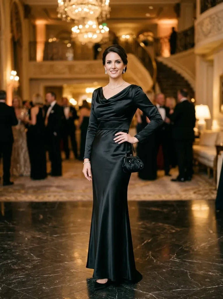 A smiling woman standing in an opulent, chandelier-lit venue, wearing an elegant floor-length black satin gown with long sleeves and a draped neckline. She completes the formal look with a delicate diamond necklace, matching drop earrings, a small black evening bag, and a chic updo, with a gently blurred crowd in black-tie attire in the background.