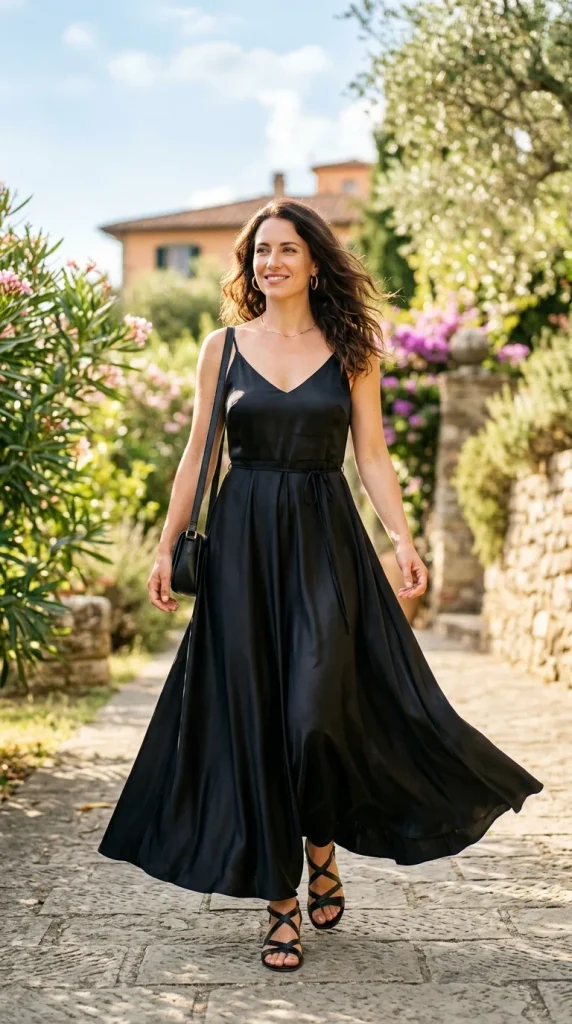 A smiling woman walking along a sunny stone path, wearing a flowing black satin maxi dress with spaghetti straps, a V-neckline, and a delicate waist tie. She completes the effortless summer outfit with black strappy flat sandals, a black leather shoulder bag, and gold hoop earrings, set against a backdrop of lush greenery, blooming pink flowers, and a warm-toned building.