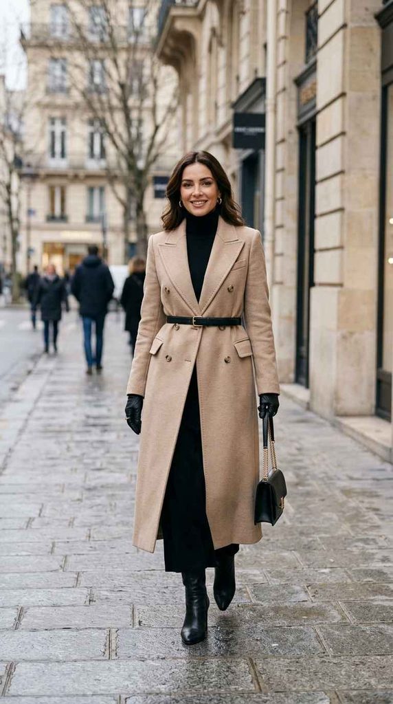 A full-length photograph of a smiling woman walking on a wet cobblestone city street, wearing a structured beige double-breasted wool coat layered over a black turtleneck maxi dress, cinched with a black belt, and styled with black leather gloves, a black handbag, and black ankle boots.
