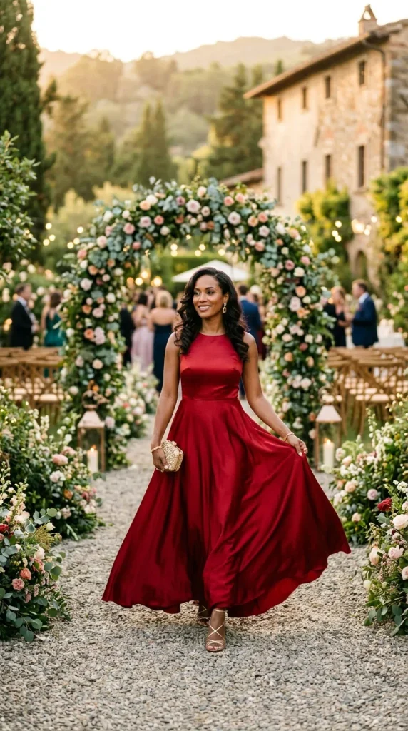 Full-length editorial photograph of an elegant woman wearing a flowing red satin floor-length dress and holding a gold clutch, walking through a floral archway at an outdoor garden wedding venue.