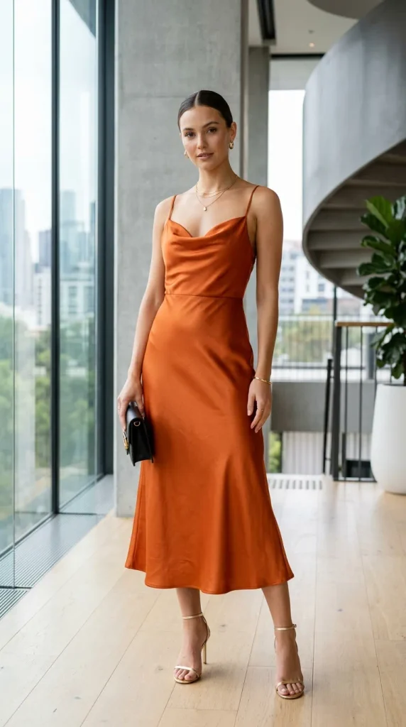 A woman wearing an elegant orange satin slip midi dress featuring a cowl neckline and delicate spaghetti straps, styled with gold strappy heels and a black clutch in a modern indoor setting.
