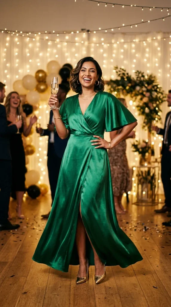 pinterest pin 1 image- A joyful woman celebrating at a birthday party decorated with balloons and warm string lights, wearing an elegant emerald green satin wrap maxi dress and holding a glass of champagne.