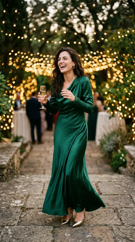 A joyful woman celebrating at an outdoor evening event, wearing a long-sleeve emerald green satin dress and holding a glass of champagne under warm string lights.