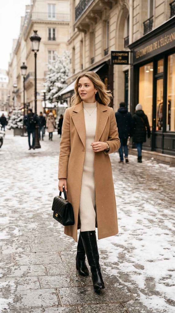 A woman walking in a snowy city wearing a camel brown long coat over a white high-neck knit midi dress with black leather boots and a black handbag, showcasing Classy Dress Outfit Ideas for Women of Every Age.