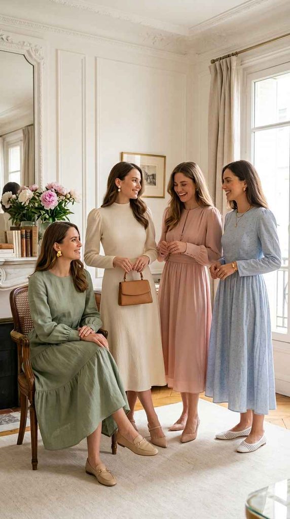 Elegant women wearing pastel modest midi dresses in cream, sage green, pink, and blue for church and special events