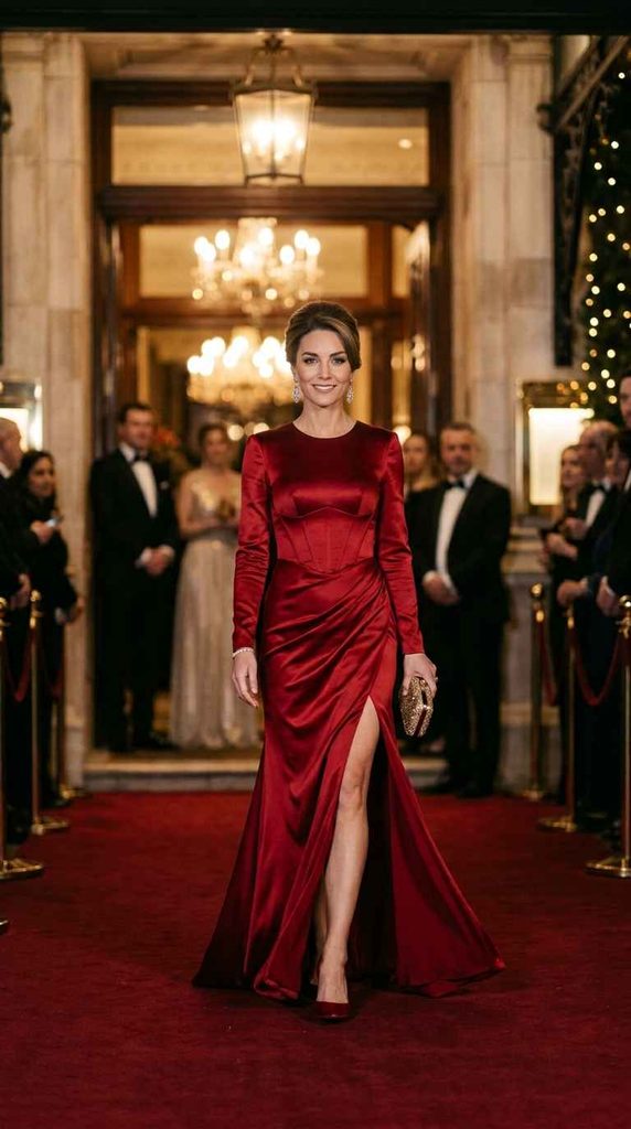 Full-length editorial photograph of a woman confidently walking towards the camera at a glamorous evening event, wearing a deep red satin long-sleeve corset gown with a high side slit, holding a small gold clutch, on a red carpet in front of a grand building entrance with blurred guests.
