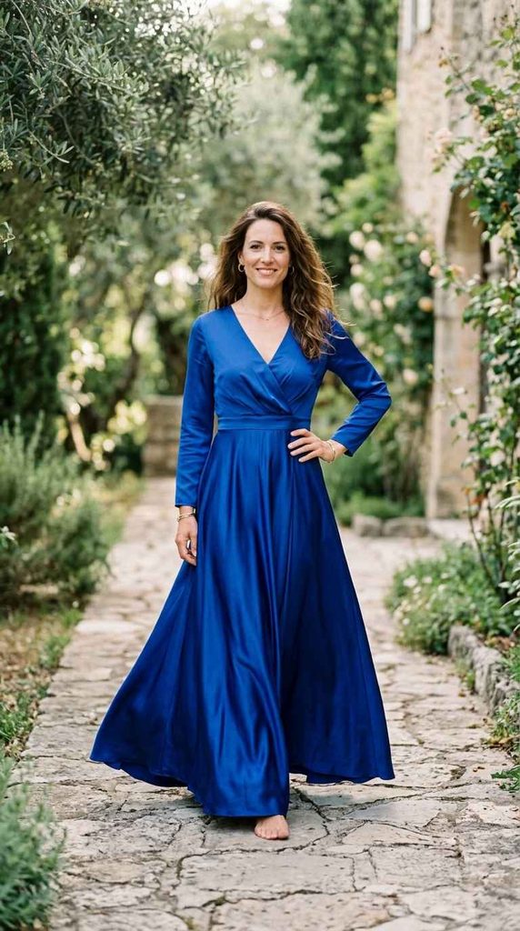A full-length vertical photograph of a woman with long wavy brown hair, walking down a sunlit cobblestone path in a rustic European-style garden. She is wearing a flowing, floor-length royal blue long-sleeve maxi dress with a V-neckline, bare feet, and minimal jewelry. The background features old stone walls and lush olive trees.