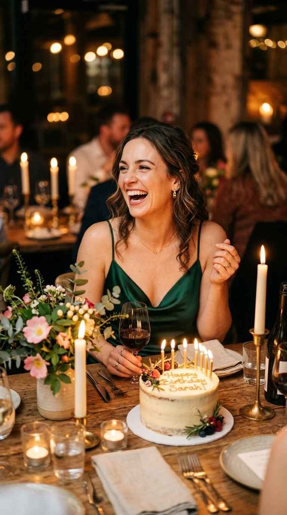 Woman in green satin dress laughing at candlelit birthday dinner. This hero image sets the celebratory tone for the article's six outfit moods
