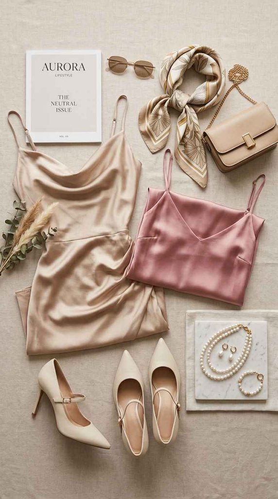 Flat lay of elegant satin midi dress outfit accessories including nude pointed-toe heels, a structured beige crossbody bag, a pearl necklace and bracelet set, and a geometric-patterned silk scarf, all arranged around two spaghetti strap satin midi dresses in champagne beige and dusty rose pink.