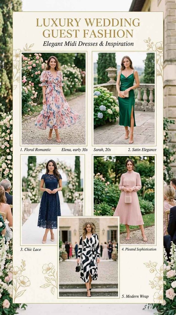 A Pinterest-style collage titled "LUXURY WEDDING GUEST FASHION: Elegant Midi Dresses & Inspiration," featuring five women modeling different wedding guest outfits, including a floral romantic dress, a green satin dress, a navy lace dress, a pink pleated dress, and a modern black-and-white wrap dress.